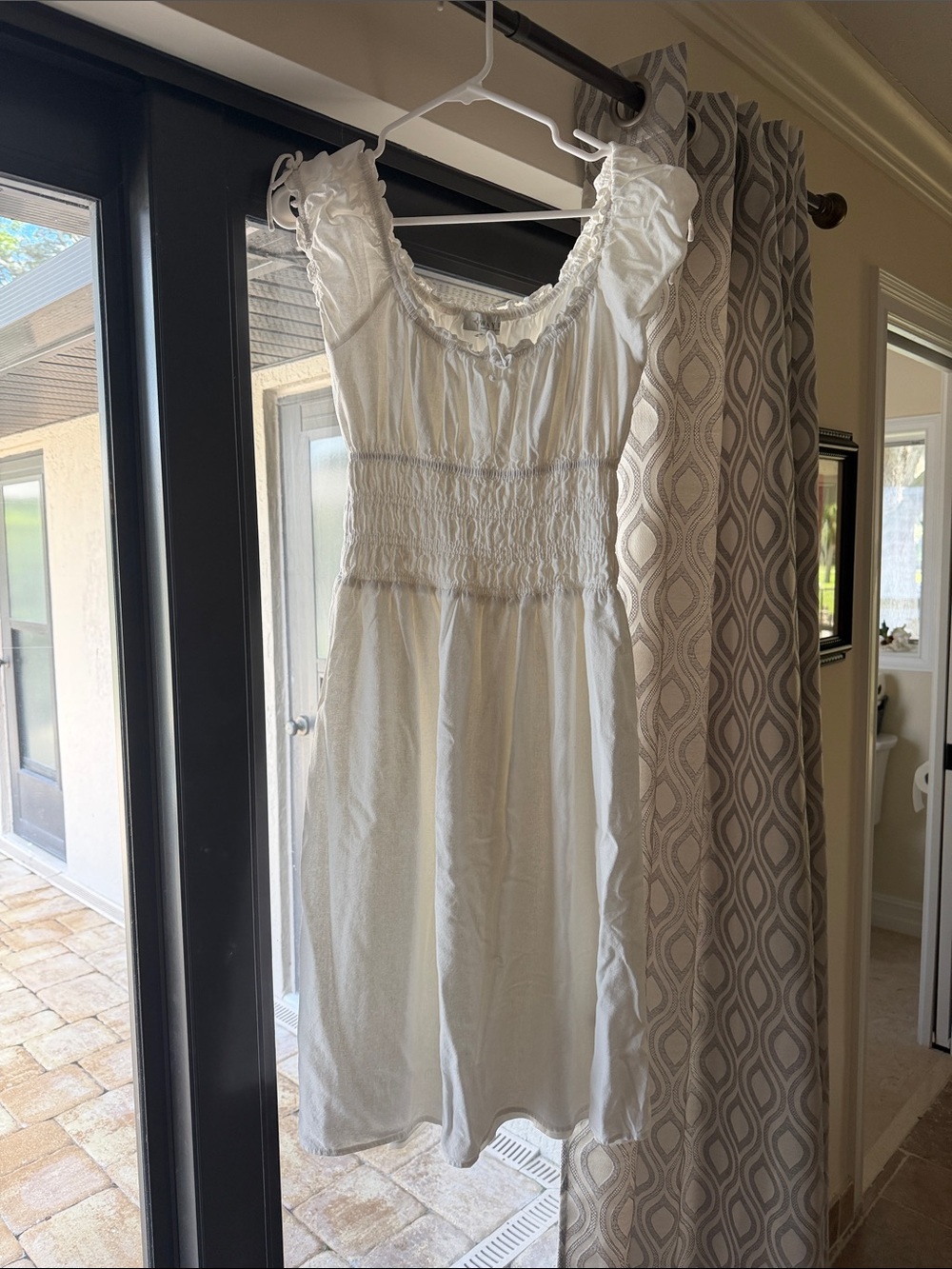 Wayf Ivory Smocked Cotton Chemise with Puff Sleeves
